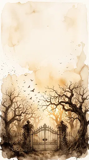 Sepia Watercolor Victorian Gate and Ravens