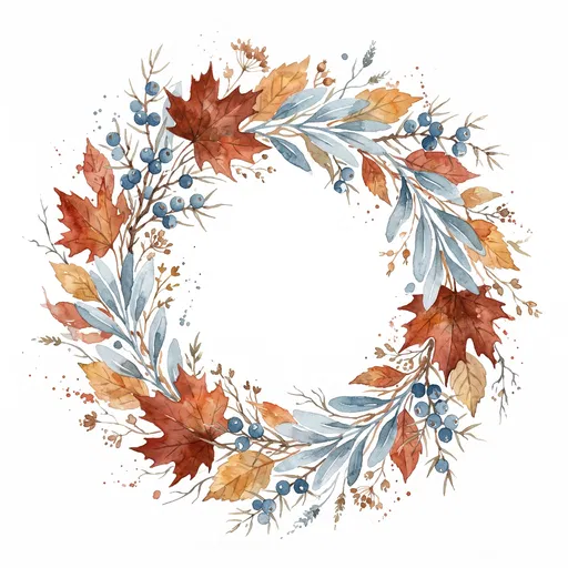 Watercolor Autumn Foliage and Berry Wreath