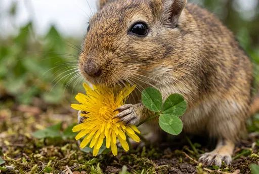Close-Up of Gerbil Holding Yellow Dandelion