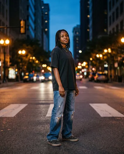 Young Woman Standing on City Crosswalk