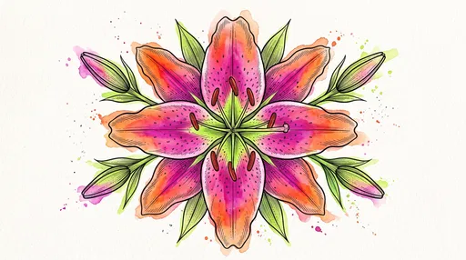 Symmetrical Watercolor and Ink Lily Illustration