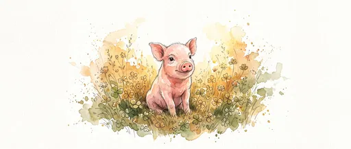 Watercolor Piglet Sitting in Clover Meadow