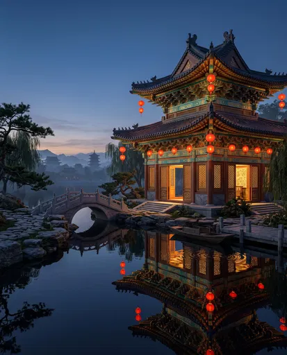 Illuminated Chinese Pavilion by Lake at Dusk