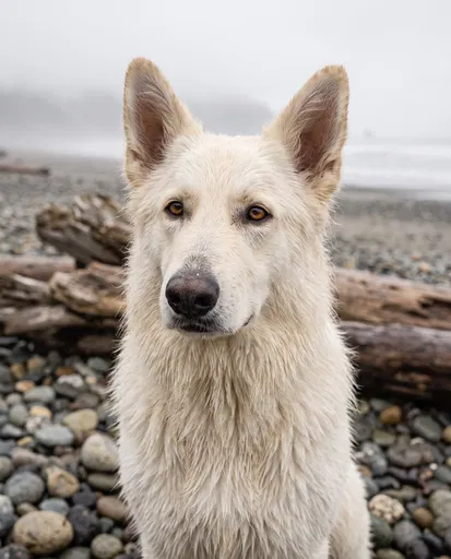 White Shepherd Dog on Foggy Pebble Beach