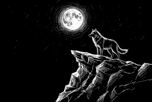 Scratchboard Wolf on Cliff Under Full Moon