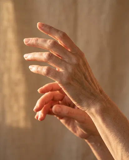 Mature Hands Reaching Into Warm Sunlight