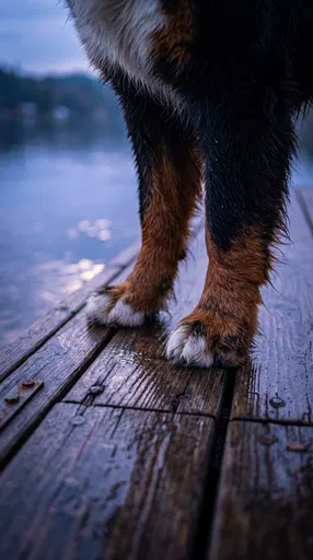 Bernese Mountain Dog Paws on Wet Dock