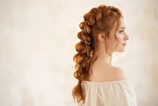 Redheaded Woman With Voluminous Braided Hairstyle