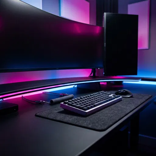 Neon Lit Dual Monitor Desk Setup