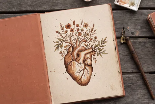 Anatomical Heart With Flowers Sketchbook Drawing
