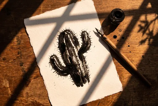Black Ink Cactus Drawing on Wooden Desk