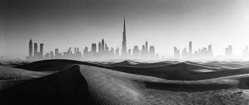 Monochrome Dubai Skyline Beyond Desert Sand Dunes