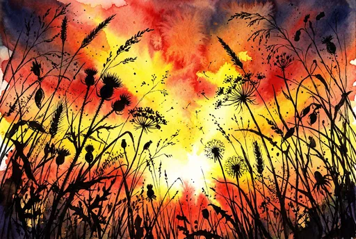 Watercolor Sunset Meadow Silhouette Illustration