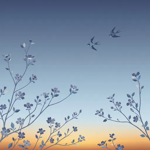 Swallows and Flowering Branches at Dusk