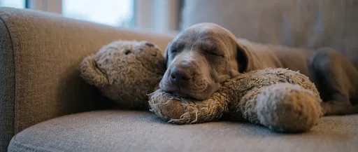 Sleeping Weimaraner Puppy With Teddy Bear