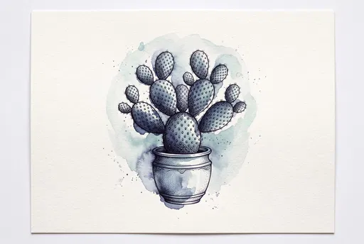 Blue Ink and Watercolor Potted Cactus
