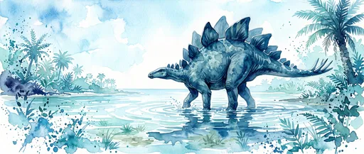 Blue Watercolor Stegosaurus Wading in Water