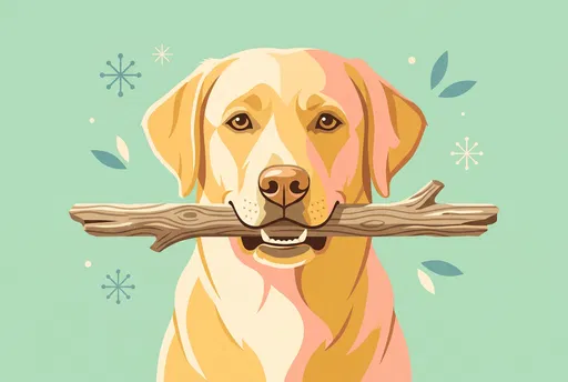 Mid-Century Illustration of Yellow Labrador Holding Stick