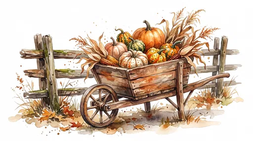 Watercolor Autumn Wheelbarrow With Pumpkins