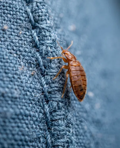 Macro of Bed Bug on Blue Fabric