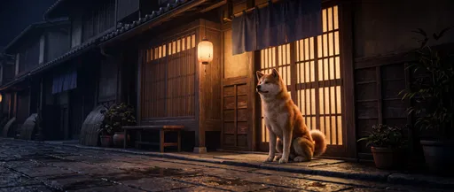Akita Dog Outside Traditional Japanese Townhouse
