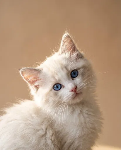 Fluffy White Ragdoll Kitten Studio Portrait