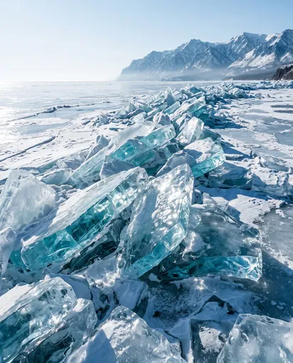 Turquoise Drift Ice on Frozen Lake Baikal