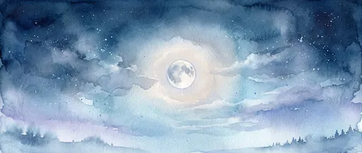 Watercolor Night Sky With Full Moon