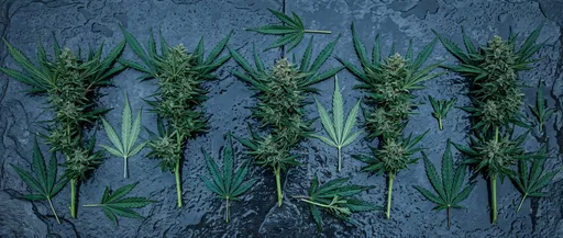Cannabis Branches Flat Lay on Wet Slate