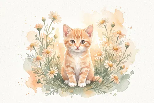 Watercolor Orange Kitten in Chamomile Flowers