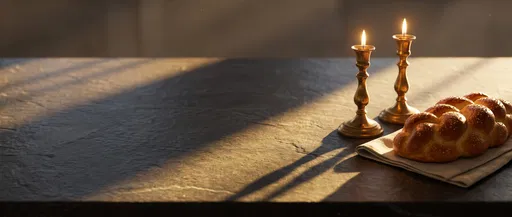 Lit Brass Candlesticks and Braided Challah Bread