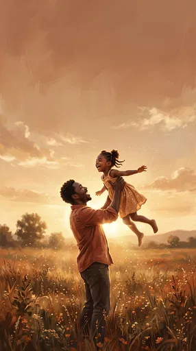 Father Lifting Daughter in Sunlit Meadow