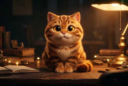 Stylized Chubby Tabby Cat on Desk