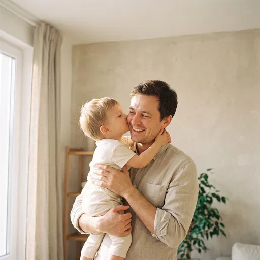 Toddler Kissing Smiling Father at Home