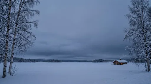 Nordic Winter Landscape With Glowing Cabin