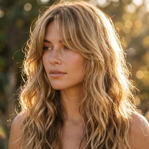 Woman with Blonde Curtain Bangs Outdoors