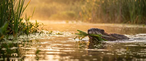 Muskrat Swimming With Cattail Stems at Sunset