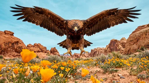 Golden Eagle Swooping Over Desert Wildflowers