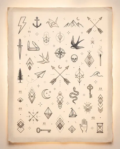 Minimalist Micro Tattoo Flash Sheet Illustration