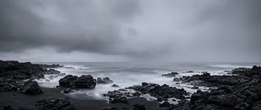 Monochrome Volcanic Coastline Long Exposure