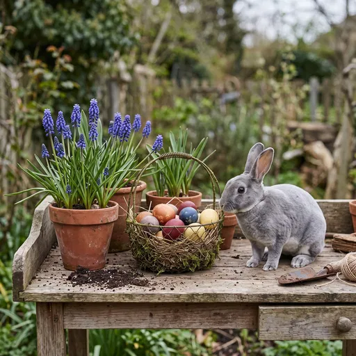 Gray Rabbit With Easter Eggs on Bench