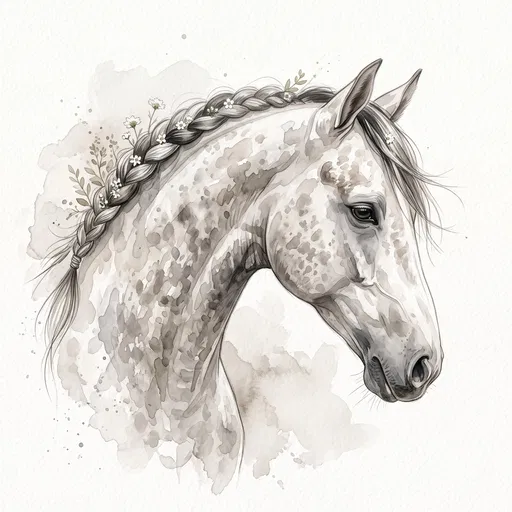 Watercolor Dapple Grey Horse With Braided Mane