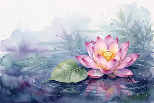 Watercolor Pink Lotus and Bodhi Leaf