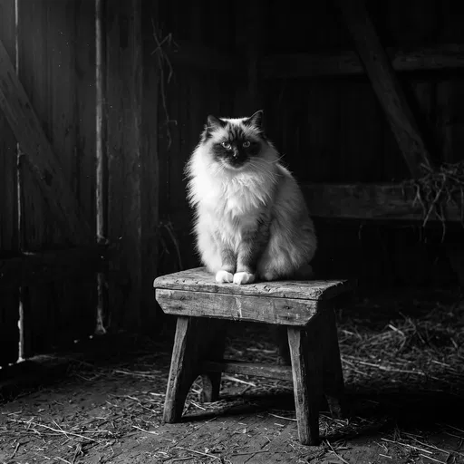 Black and White Birman Cat on Stool