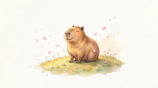 Watercolor Smiling Capybara With Cherry Blossoms