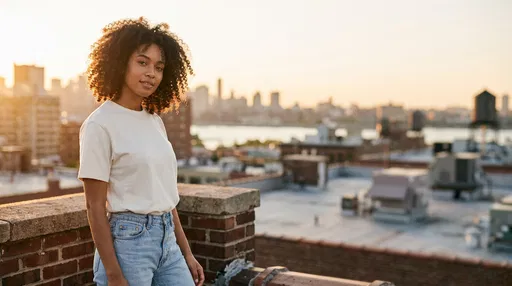 Young Woman on Urban Rooftop at Sunset
