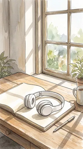 Watercolor Illustration of Headphones on Sunny Desk