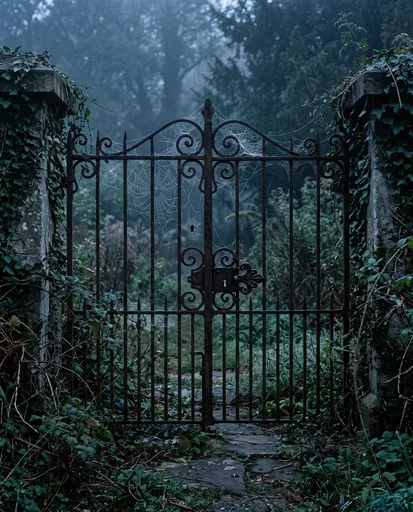 Misty Wrought-Iron Garden Gate with Cobwebs