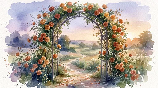 Watercolor Rose Garden Archway at Dawn