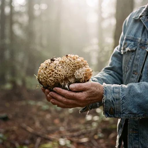 Hands Holding Giant Sponge Mushroom in Forest